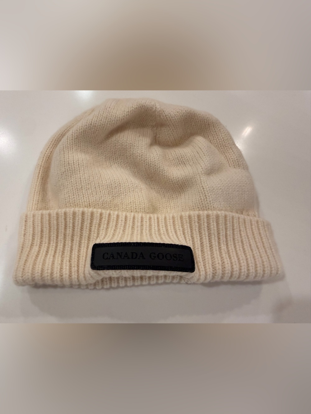 Canada Goose Cream Ivory Knit Beanie Black Logo Patch Hat (Women Small)